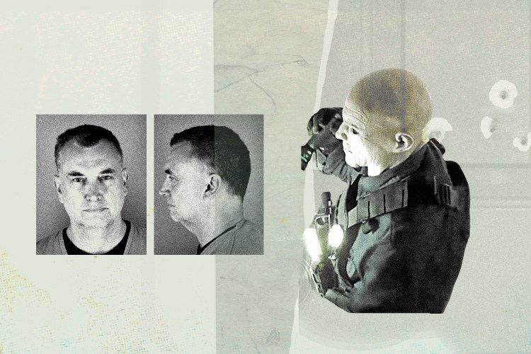 Collage of mugshots and a person filming.