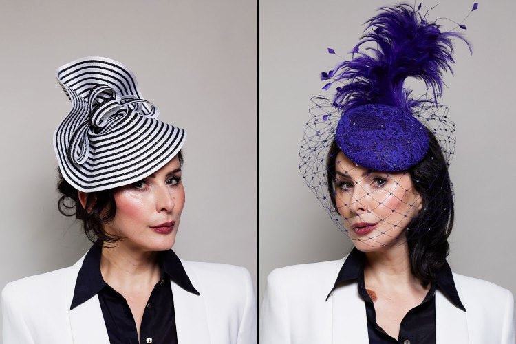 Diptych of a woman wearing two different hats.