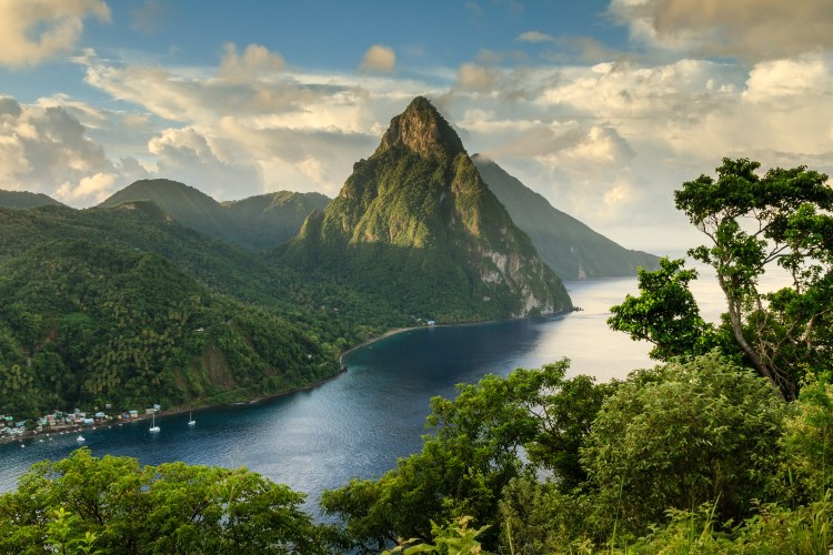 Elevated view of the Pitons in Saint Lucia.