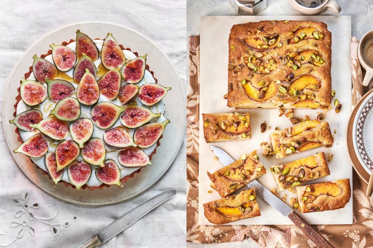 A fig tart and a peach and pistachio cake.