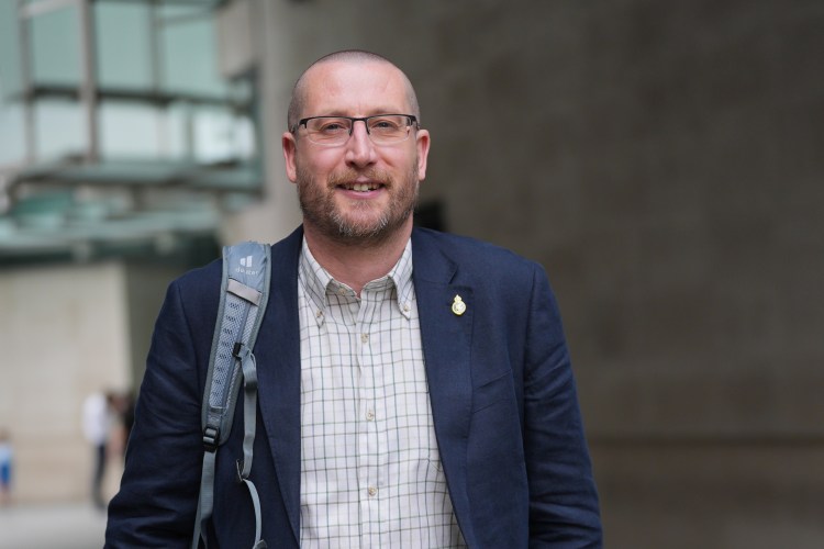Simon Case leaving BBC Broadcasting House after appearing on "Sunday with Laura Kuenssberg."