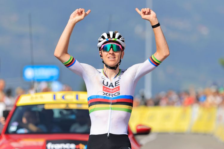 Tadej Pogacar, winner of stage 6 of the Critérium du Dauphiné 2025, celebrating.