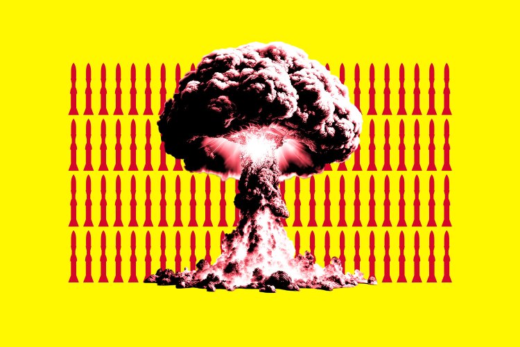 Illustration of a nuclear explosion with missiles in the background.