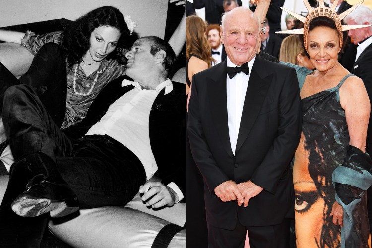 Split image showing a couple in a black and white photo from their younger years and a more recent color photo of them at an older age.