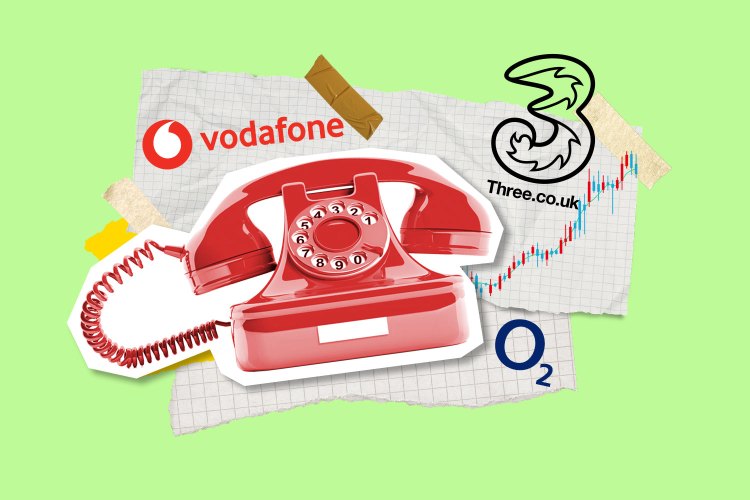Collage of a red rotary phone and UK mobile network logos.
