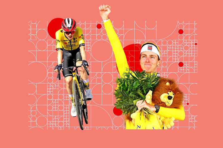 Illustration of two cyclists, one racing and one holding a bouquet and a lion.