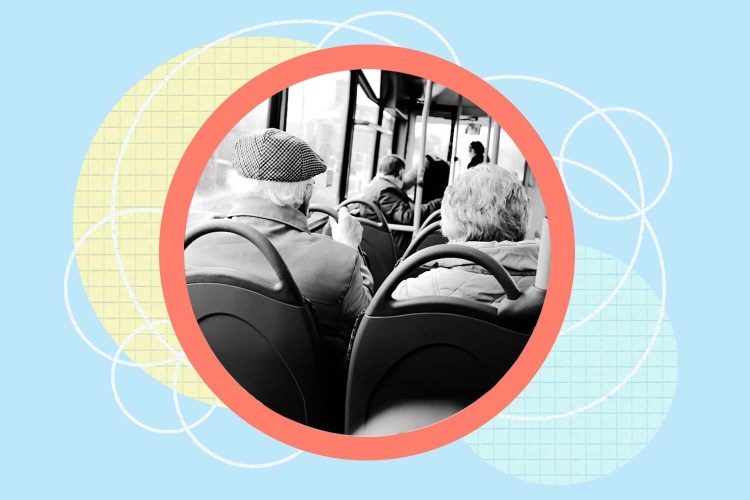 Illustration of elderly people riding a bus.