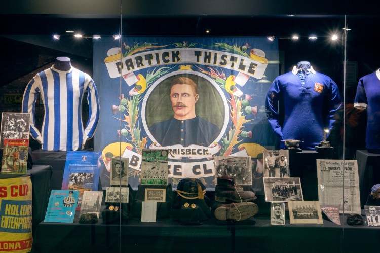 Museum display showcasing Partick Thistle football memorabilia.