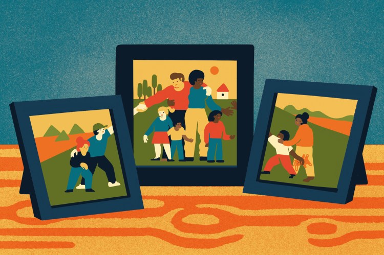 Illustration of three framed photos depicting diverse families.