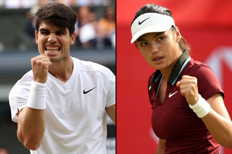 Two tennis players celebrating victories.