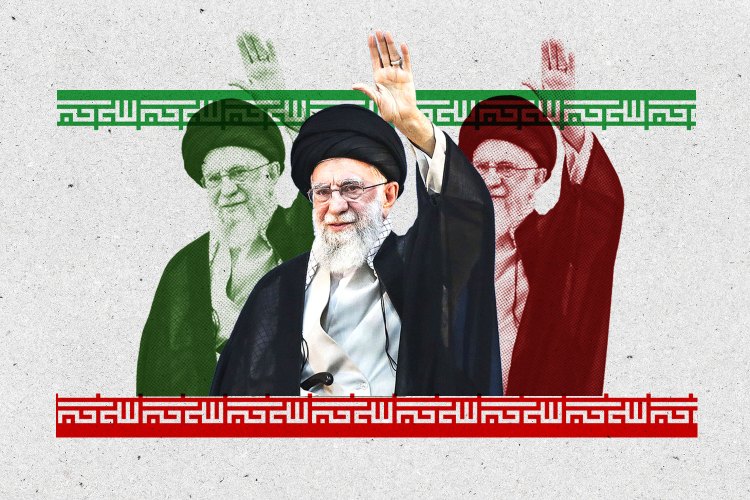Collage of Ayatollah Ali Khamenei with repeating Iranian script.