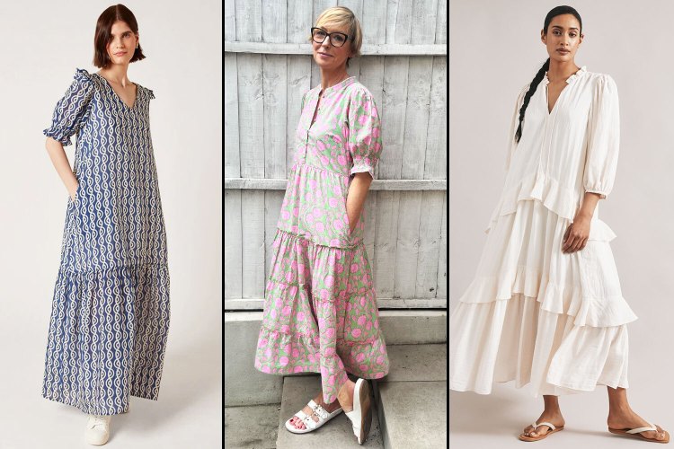 Collage of three women modeling different maxi dresses.