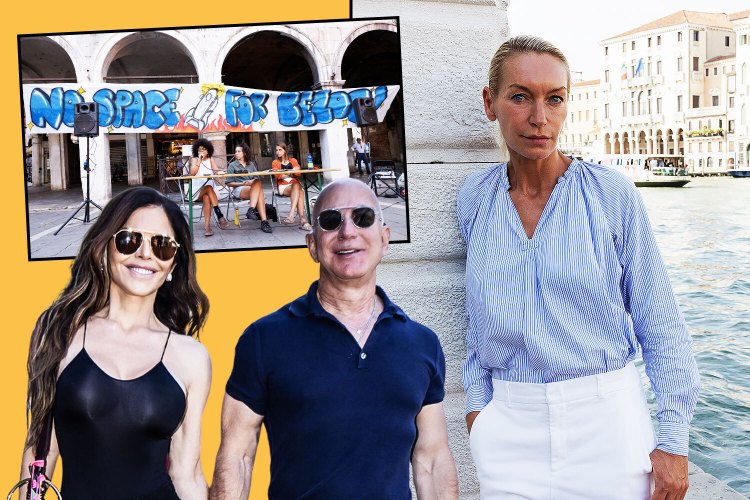 Collage of Jeff Bezos' wedding in Venice with a protest banner reading "No Space for Bezos".