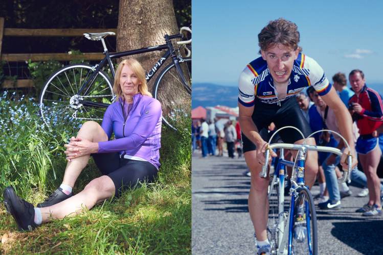 Philippa York, a journalist and former cyclist, sits in grass next to her bicycle.