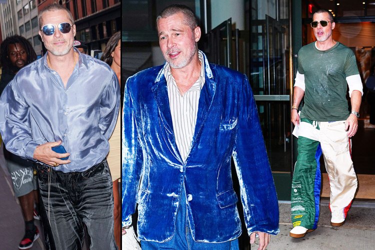Brad Pitt in crushed blue velvet: a bold swing at Fun Fashion, or a haunting flashback to to the 1980s?