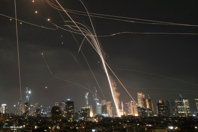 Missiles over Tel Aviv intercepted by Iron Dome.