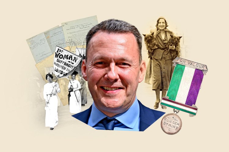 Collage of a man, historical photos of suffragettes, and a hunger strike medal.