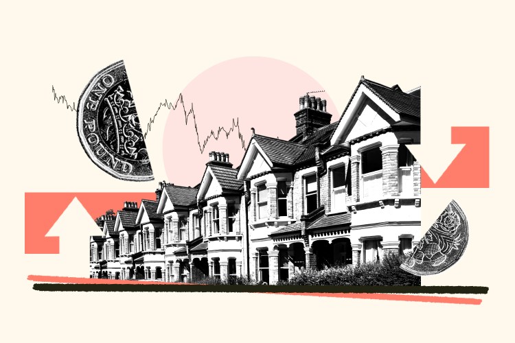 Collage of houses and British pound coins illustrating house price fluctuations.