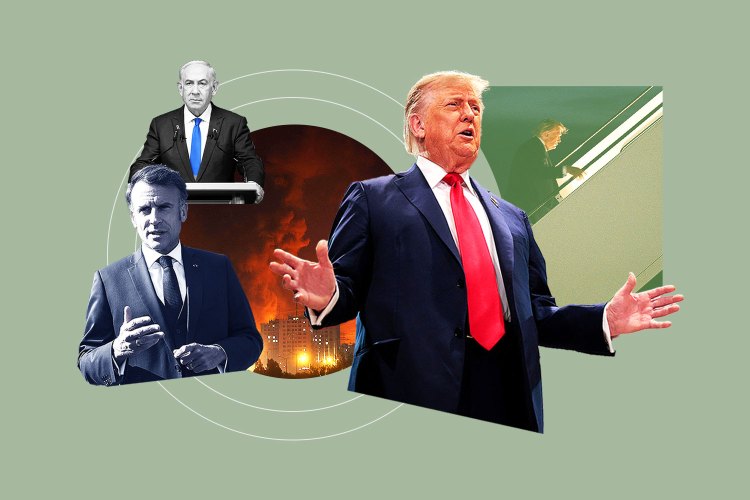 Collage of Donald Trump, Emmanuel Macron, and Benjamin Netanyahu.