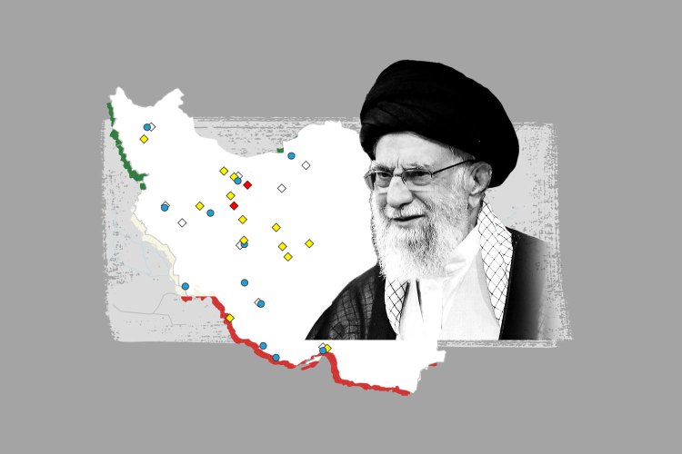 Illustration of Iran map with colored markers and Ayatollah Khamenei's portrait.