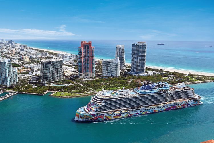 Aerial view of the Norwegian Aqua cruise ship in Miami.