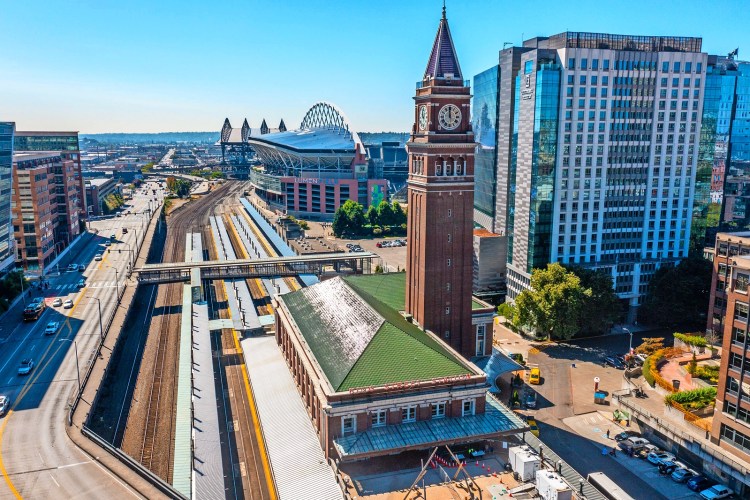 Aerial view of King Street Station in Seattle, Washington.