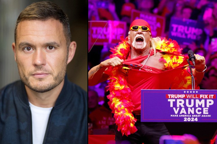 Collage of Jordan Young and Hulk Hogan at a political rally.