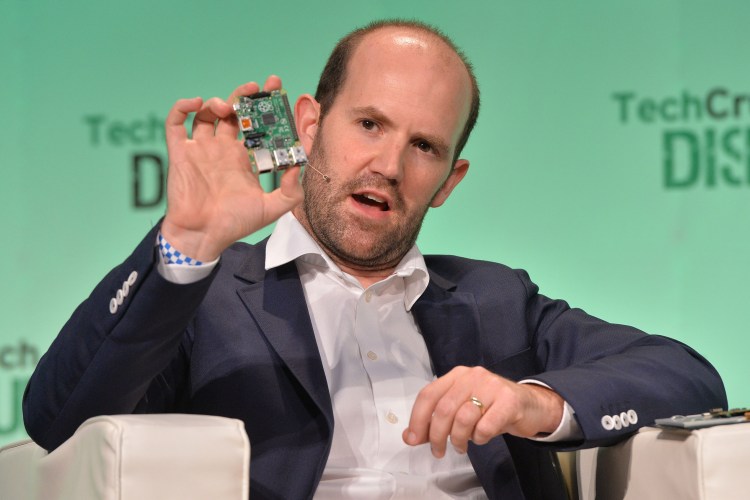 Eben Upton, Raspberry Pi founder, holding a Raspberry Pi at TechCrunch Disrupt London.