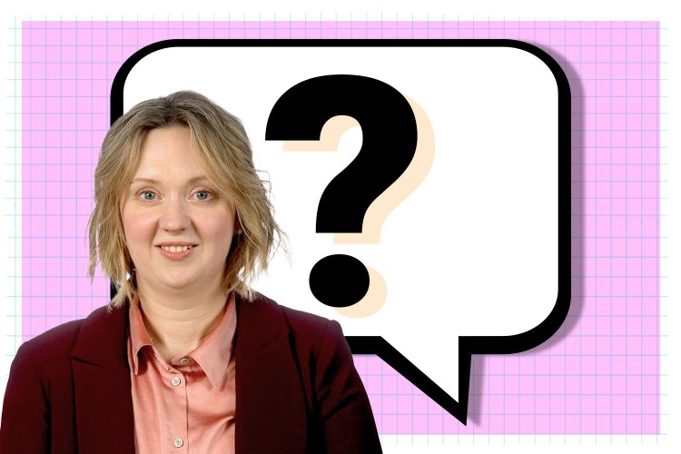 a woman stands in front of a speech bubble with a question mark on it