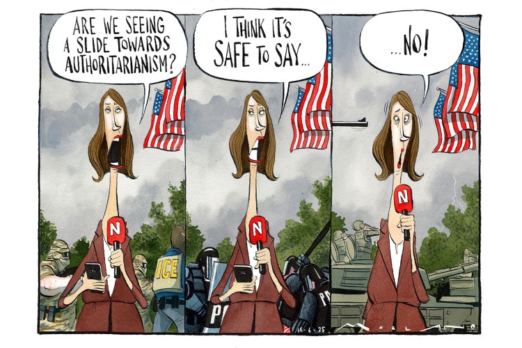 Illustration of a news reporter's changing reaction to a question about authoritarianism, from concerned to denying.