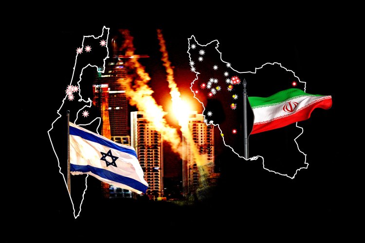 Illustration of Israeli and Iranian flags with their respective country outlines, showing a city under attack.