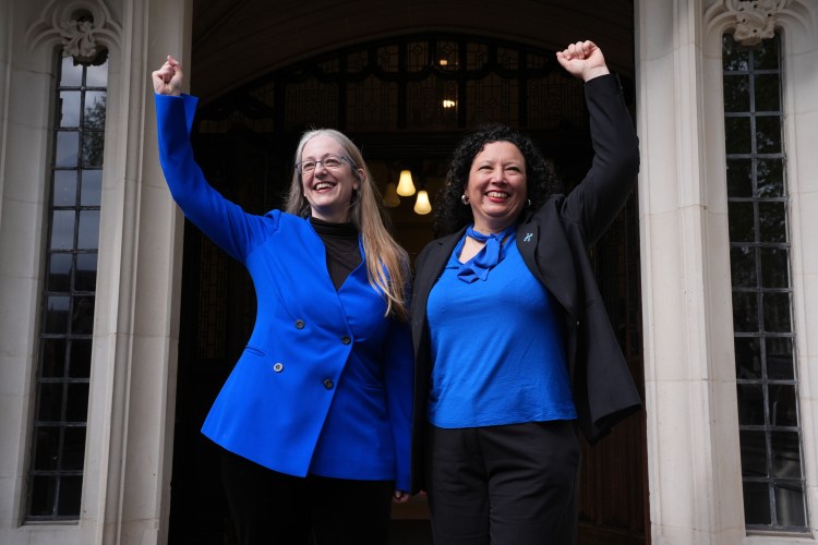 Helen Joyce and Maya Forstater celebrating a Supreme Court ruling on the Equality Act.
