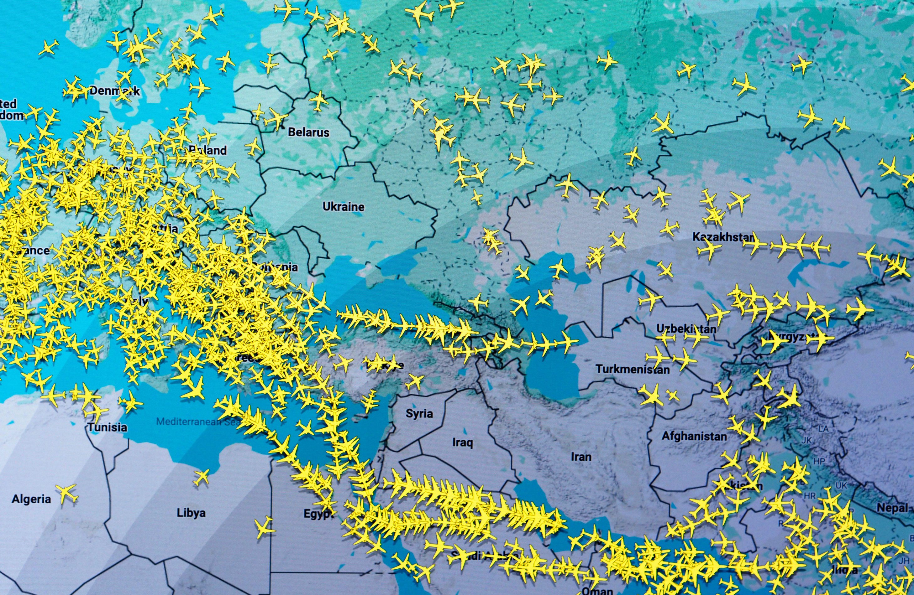 An image from Flightradar shows air traffic avoiding Iran