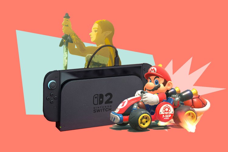 Illustration of a Nintendo Switch with Zelda and Mario characters.