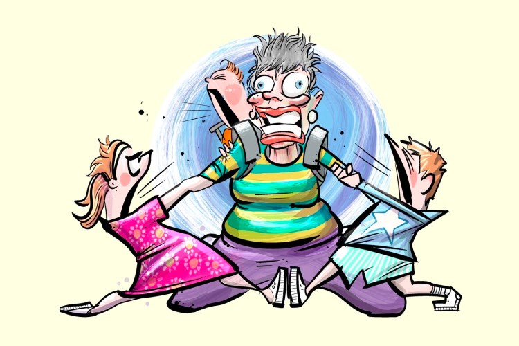 Illustration of an overwhelmed parent being pulled in different directions by two children and a baby.