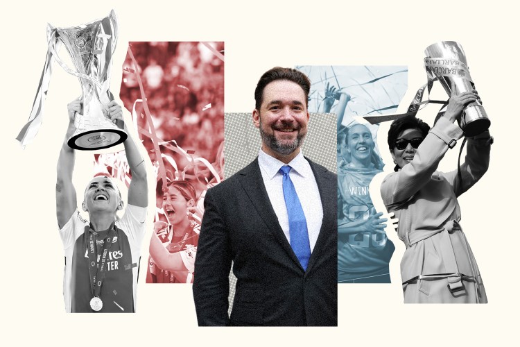 Collage of women's soccer players celebrating with trophies and a man in a suit.