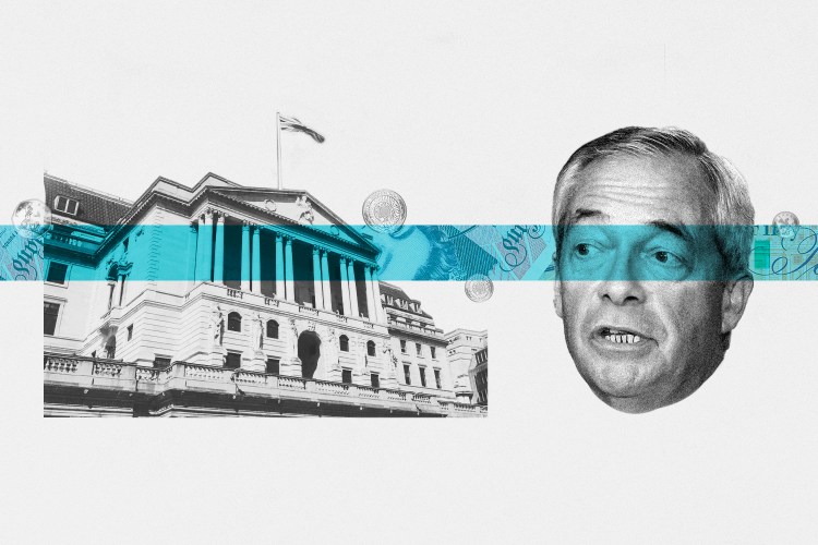 Illustration of Nigel Farage and the Bank of England building with pound notes and coins.