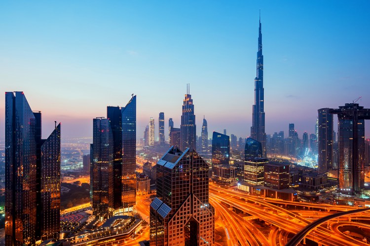 The Dubai skyline with the Burj Khalifa at dawn