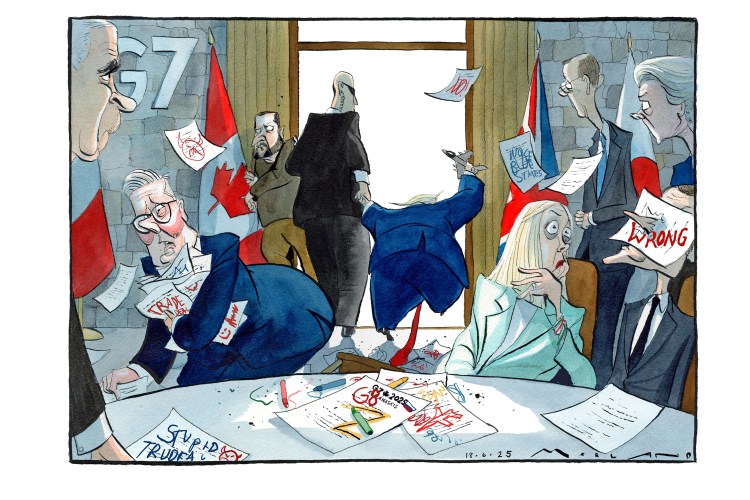Illustration of a chaotic G7 meeting.