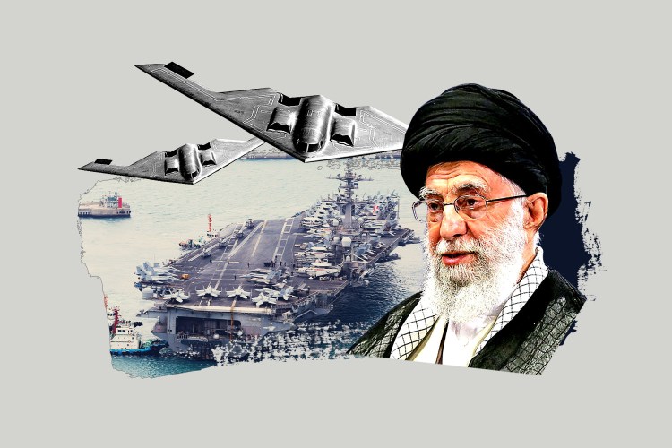 Collage of an aircraft carrier, fighter jets, a bomber, and Ali Khamenei.
