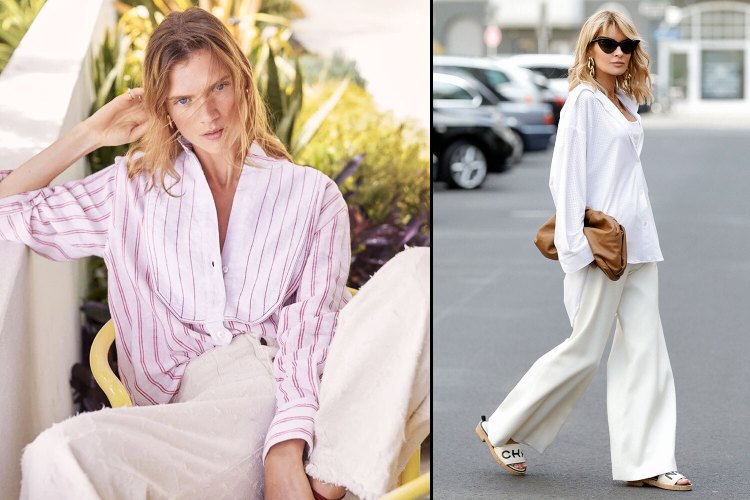 Two women modeling summer trousers and button-down shirts.