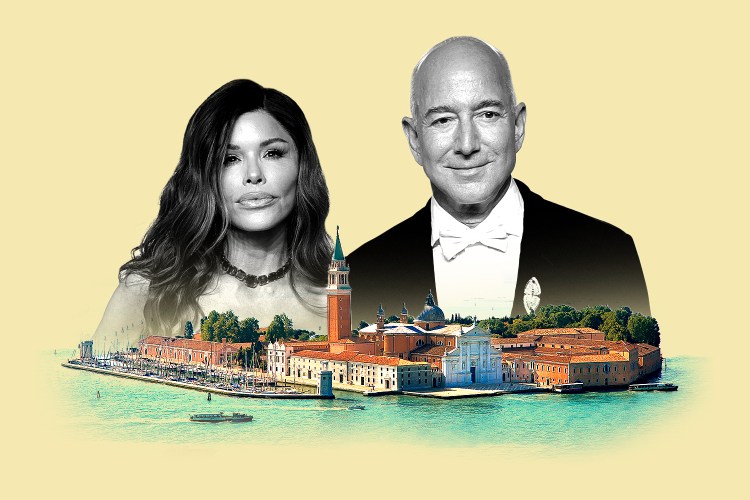 Illustration of Lauren Sanchez and Jeff Bezos over an image of an island in Venice.