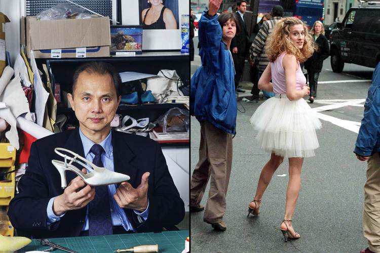 Man holding a white shoe, and a woman wearing a tutu and similar shoes.