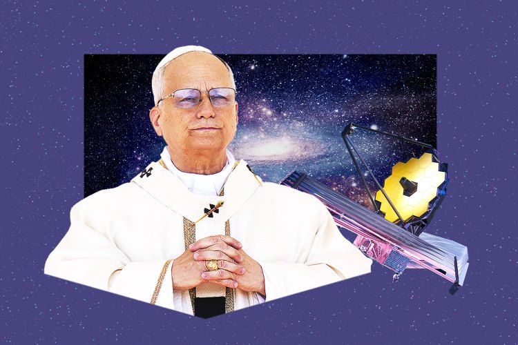Collage of Pope Francis and the James Webb Space Telescope.