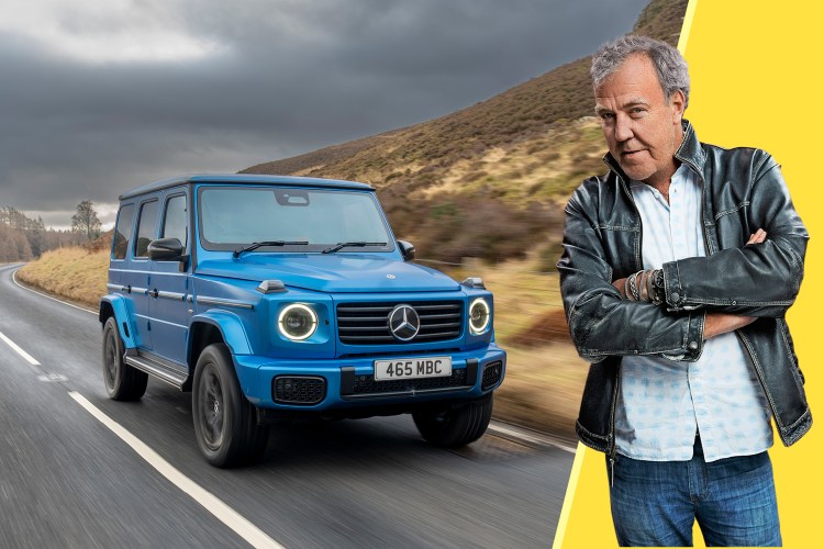 Blue Mercedes G-Class driving on a road, with Jeremy Clarkson.
