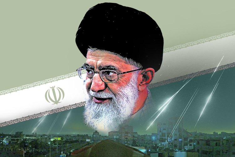 Illustration of Qassem Soleimani over an Iranian flag and a cityscape.