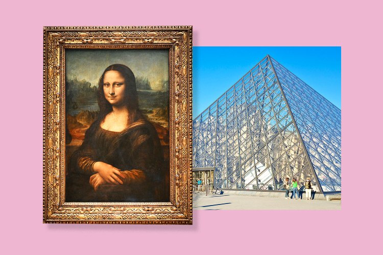 The Mona Lisa painting and the Louvre Pyramid.
