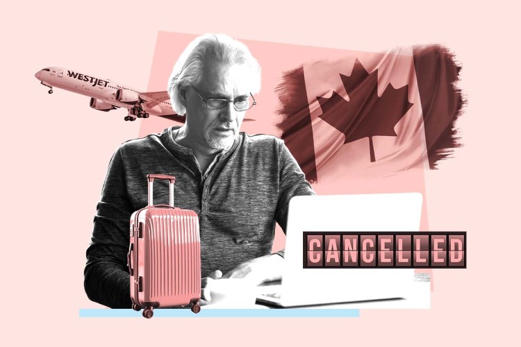 Illustration of a man looking at a laptop that says "CANCELLED," with a suitcase and airplane in the background.